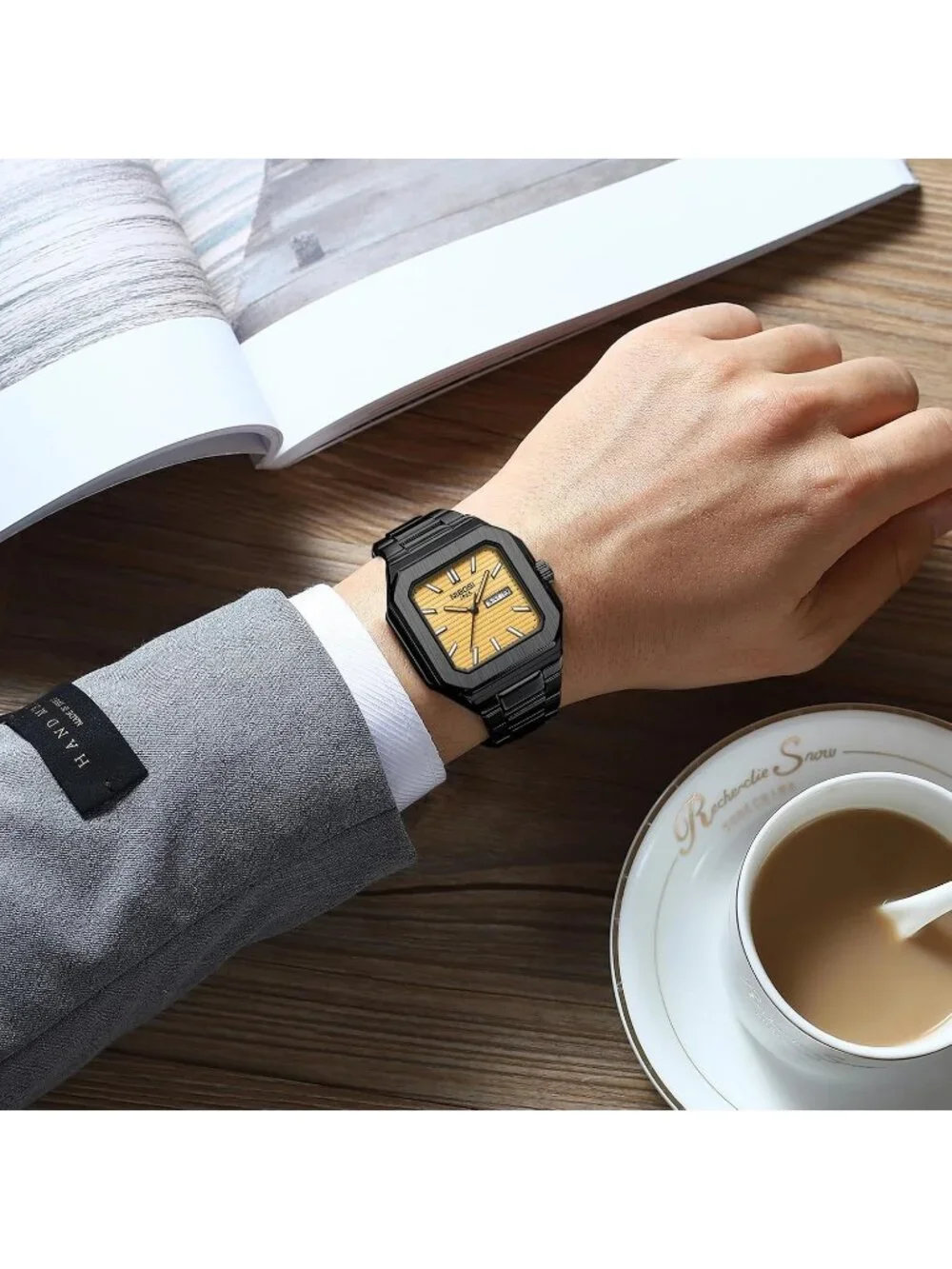 Men's Black Gold Square Analog Quartz Stainless Steel  Waterproof Wrist Watch